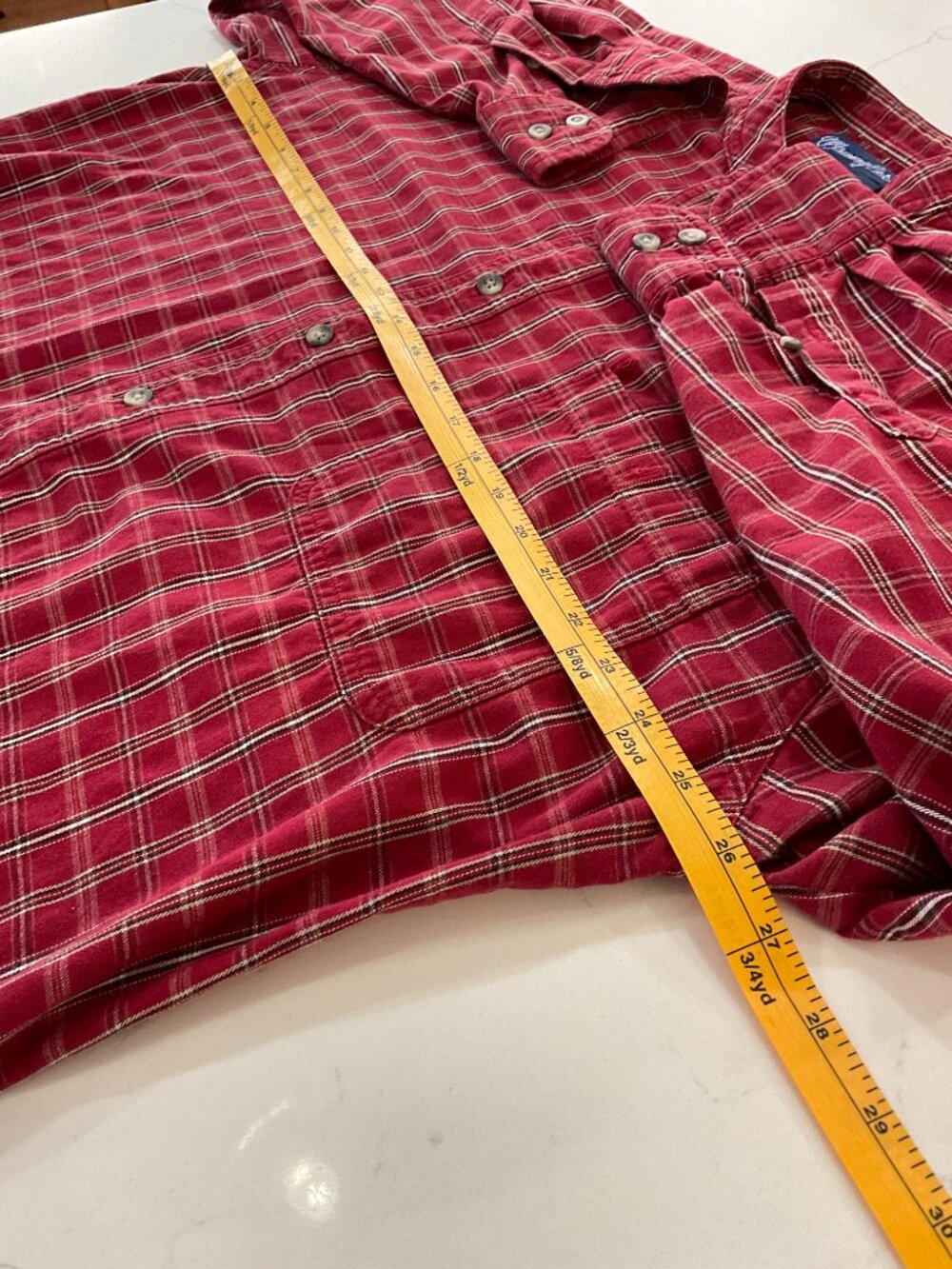 Wrangler Men’s XL Red Plaid Collarless Western Button Shirt - Picture 5 of 6